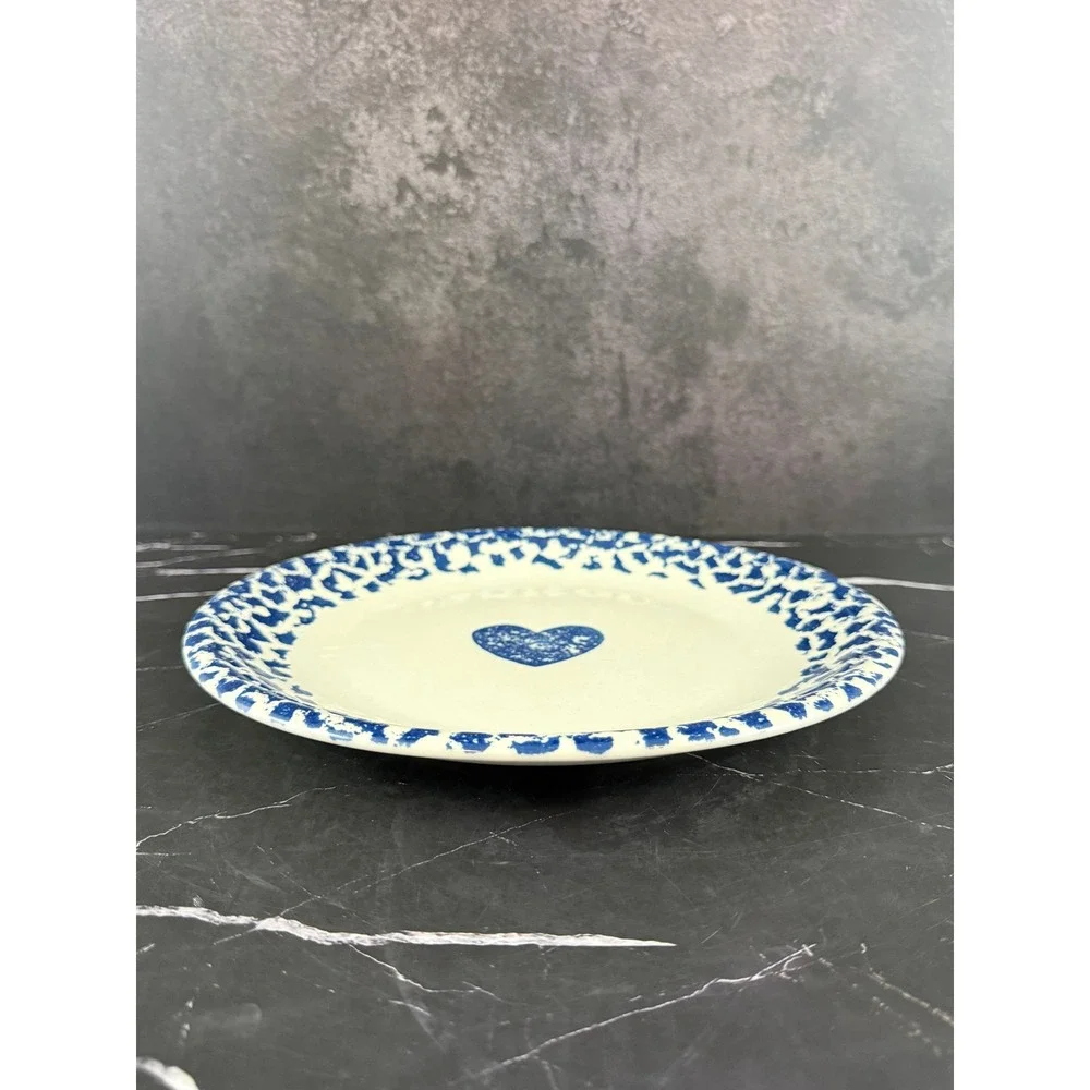 VTG Tienshen Folk Craft Hearts Blue White Spongeware 10 1/4in Dinner Plate READ